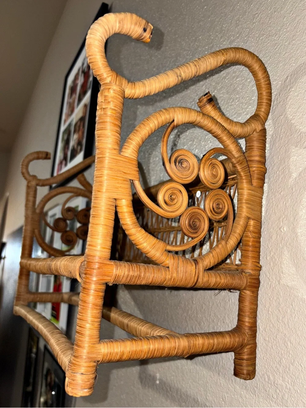 Vintage Boho Wicker Rattan Wall Shelf with Towel Bar & Scroll Sides